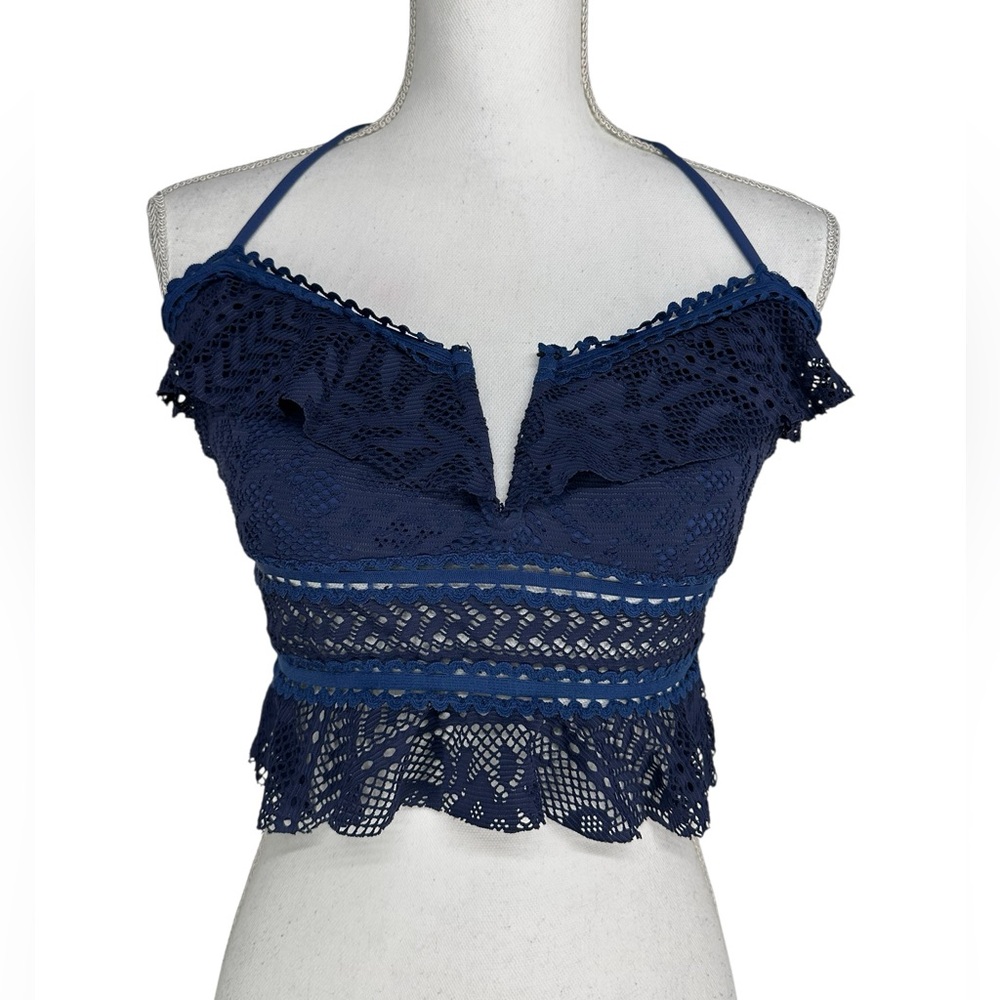 BECCA / Navy Blue Crochet Detail Swimsuit Top / Large / Festival Boho Fairy
